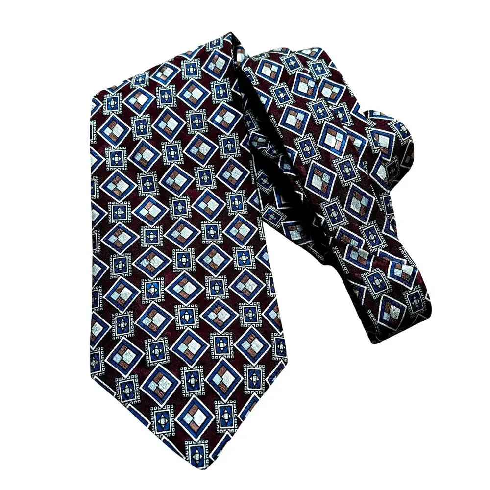 Liberty of London Italian silk neck tie dark red blue & gray geometric pattern